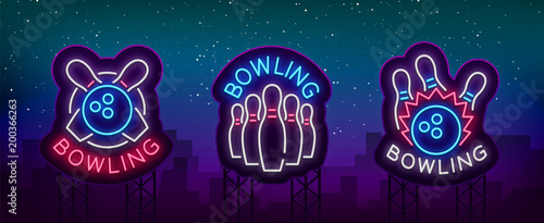 Bowling is collection of neon signs. Collection of Emblem Symbols, Neon Logo, Light Advertising Banner, Night Lighting Billboard, Design Pattern for the Bowling Club, Tournaments. Vector illustration