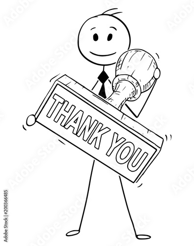 Cartoon stick man drawing conceptual illustration of businessman holding big hand rubber stamp with thank you text.