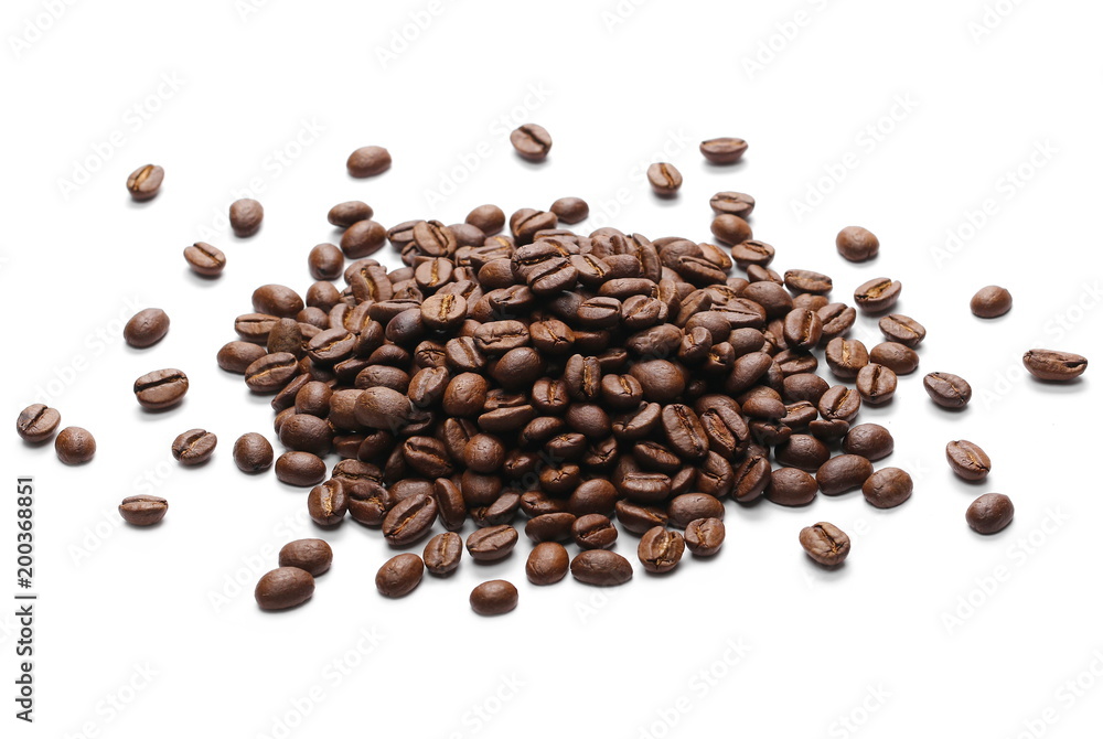 Fototapeta premium Pile coffee beans isolated on white background and texture