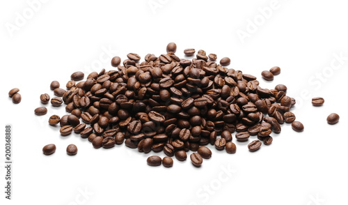 Pile coffee beans isolated on white background and texture