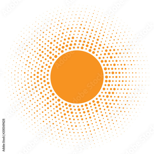 Sun icon. Halftone orange circle with random  circles texture logo design element. Vector illustration