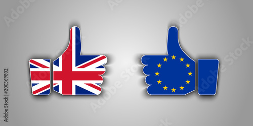 Great Britain and European Union flags thumbs up vector icons with shadow. Brexit or United Kingdom exit symbol