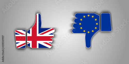 Great Britain flag thumbs up and European Union flag thumbs down vector icons with shadow. Brexit or United Kingdom exit symbol