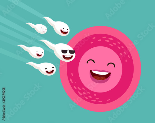 Oocyte fertilization, pregnancy, conception concept. Funny cartoon egg cell and spermatozoon, sperm. Vector illustration