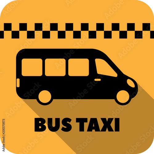 Taxi van vector flat icon for apps and websites. Bus on yellow background with shadow with bus taxi inscription