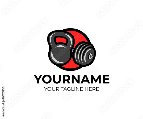 Kettlebells and dumbbells, gym, logo template. Weight lifting and weight training, vector design. Fitness gym and bodybuilding illustration