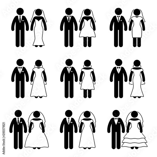 Stick figure just married groom and bride set. Vector illustration of happy newlyweds on white