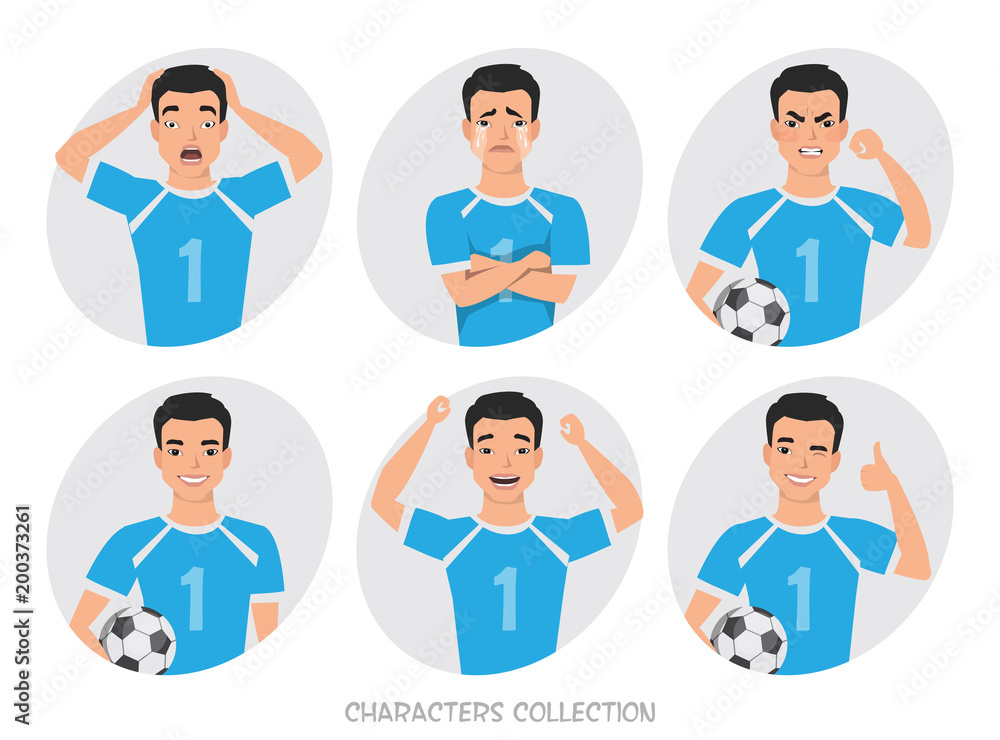 Footballer character constructor. asian soccer player different postures, emotions set Footballer character constructor. asian soccer player different postures, emotions set