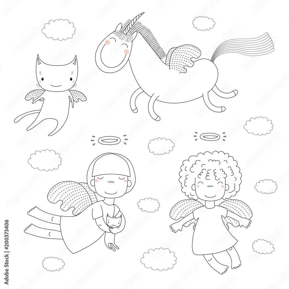 Hand drawn black and white vector illustration of cute little ...