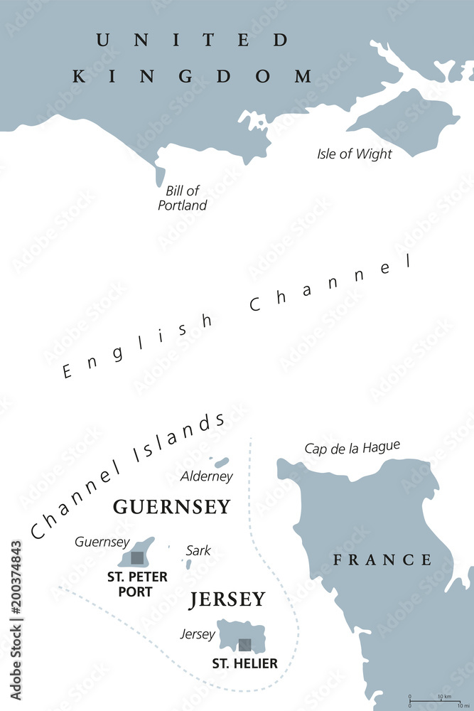 Obraz premium Channel Islands political map. Crown dependencies Bailiwick of Guernsey and Bailiwick of Jersey with capitals. Archipelago off the french coast of Normandy. Gray illustration over white. Vector.