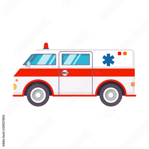 Ambulance car.Hospital transport medical care clinic.Urgency and emergency service vehicle.Vector in flat style.The van with signal lights.