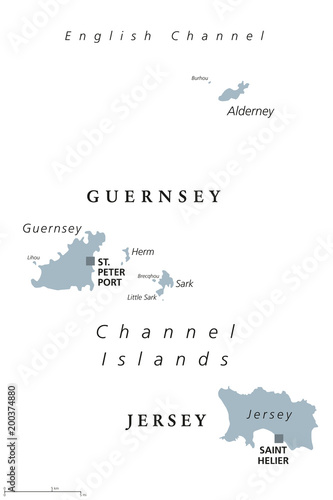 Guernsey and Jersey political map. Channel Islands. Crown dependencies. Archipelago in English Channel off the French coast of Normandy. English labeling. Gray illustration on white background. Vector