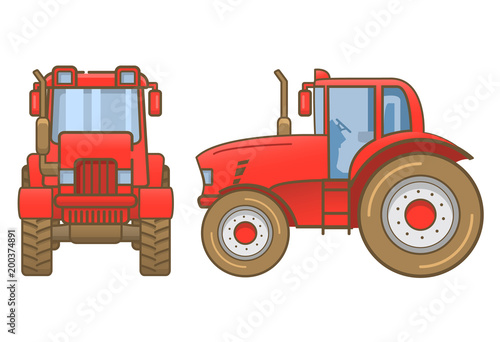 Tractor farm .Heavy agricultural vehicles machinery for field work of harvesting.Cartoon vector flat design.Farm transport.Side view and front view