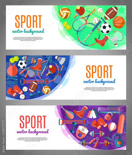 Banner of sport balls and gaming equipment. Poster with text Sport for banner, sticker, web. Healthy lifestyle tools, elements. Vector Illustration.