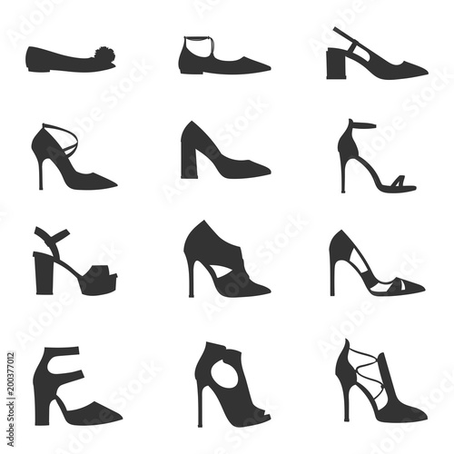 Womens shoes flat design vector silhouette footwear shoe store ad fashion boots collection hand drawn style of leather colored moccasins illustration wear