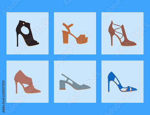 Womens shoes flat design vector footwear shoe store ad fashion boots collection hand drawn style of leather colored moccasins illustration wear