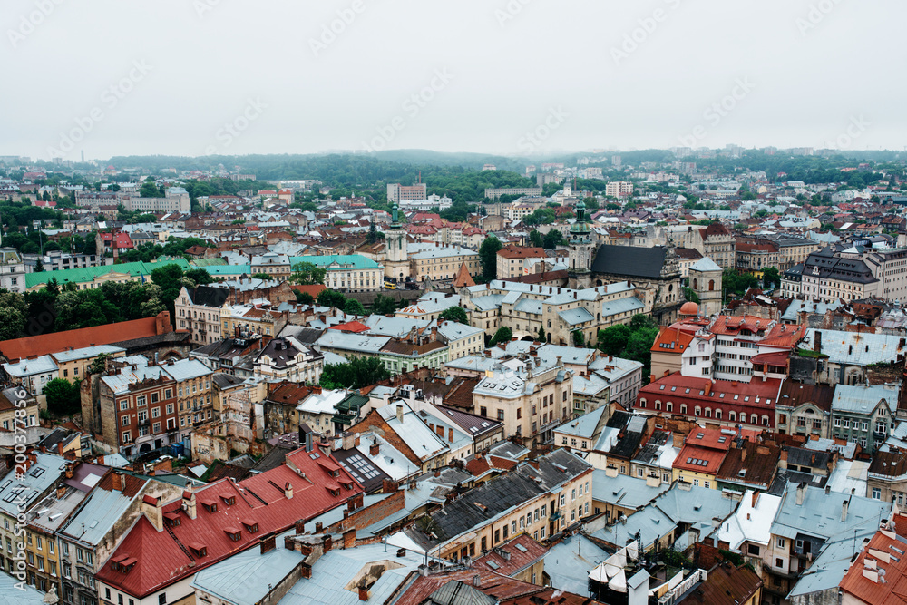 Panorama of the Lvov city from height. Ukraine