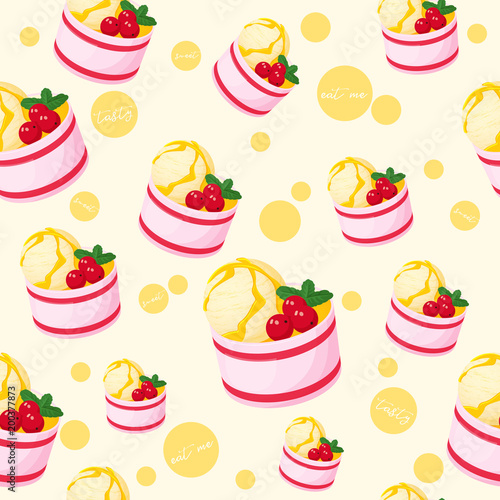 Colorful seamless pattern with tasty ice-cream with berries and mint in cartoon style. Vector illustration. Desserts Collection.