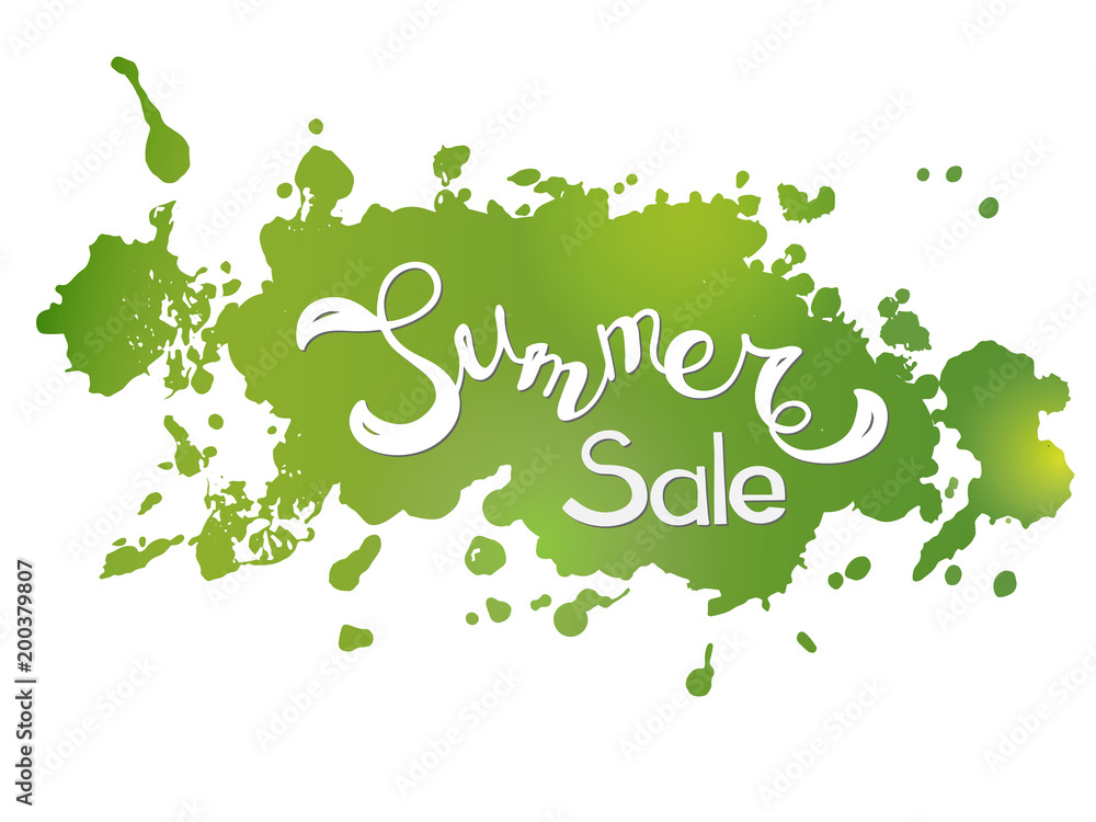 Message summer sale green bloth. Hand lettring isolated on white background. It is a hand drawn. text in modern style for banner, logo, flayer, label, icon, badge, sticker. Vector illustration EPS 10 Message summer sale green bloth. Hand lettring isolated on white background. It is a hand drawn. text in modern style for banner, logo, flayer, label, icon, badge, sticker. Vector illustration EPS 10