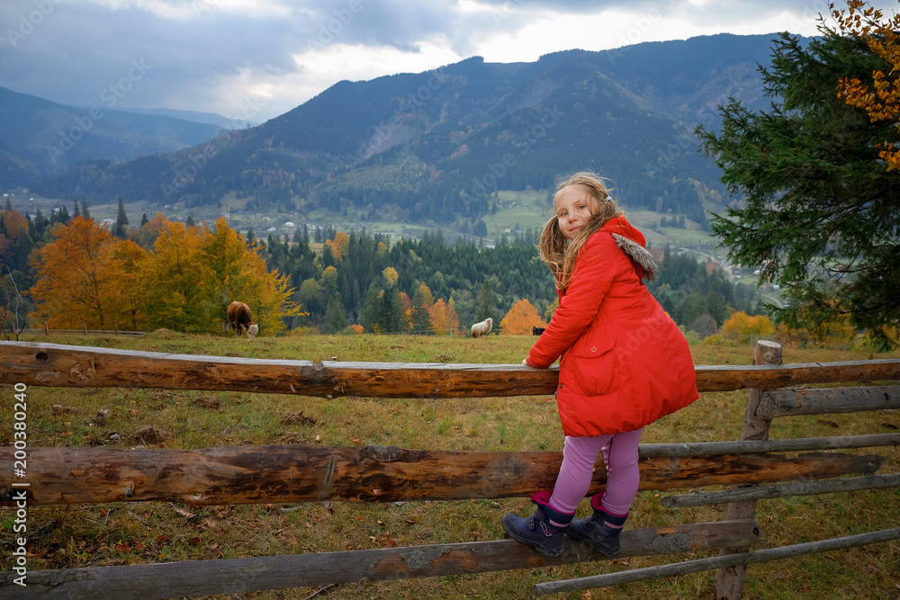 Adorable blonde little girl in a countryside in Carpathians