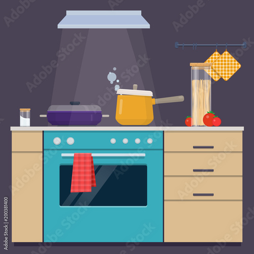 Сooking pans on the electric stove. Preparing and cooking food in the domestic environment.  Flat vector illustration