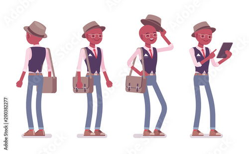 Black intelligent smart casual man wearing hat and glasses standing