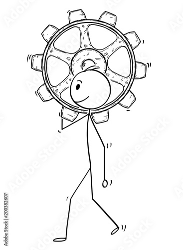 Cartoon stick man drawing conceptual illustration of businessman carry big cogwheel or cog or gearwheel. Business concept of problem and solution.