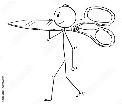 Cartoon stick man drawing conceptual illustration of businessman carrying big scissors. Business concept of paperwork and cutting.