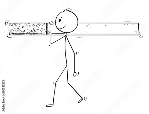 Cartoon stick man drawing conceptual illustration of businessman carrying big cigarette. Concept of smoking and tobacco business.