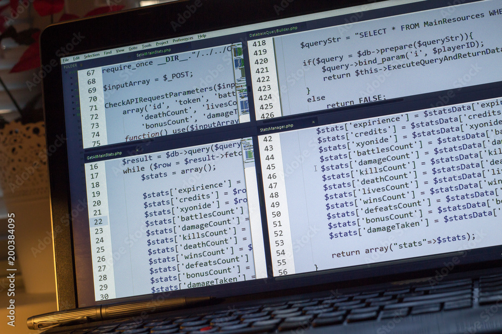 Obraz premium PHP back-end code. Computer programming source code. Abstract screen of web developer. Digital technology modern background. Code is created by myself.