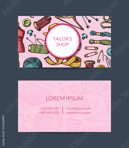 Vector hand drawn sewing elements card template for atelier, sewing hand crafts shop