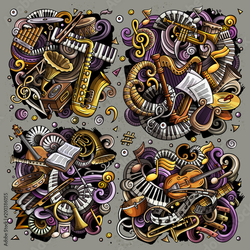 Colorful vector doodles cartoon set of classical musical instruments objects combinations