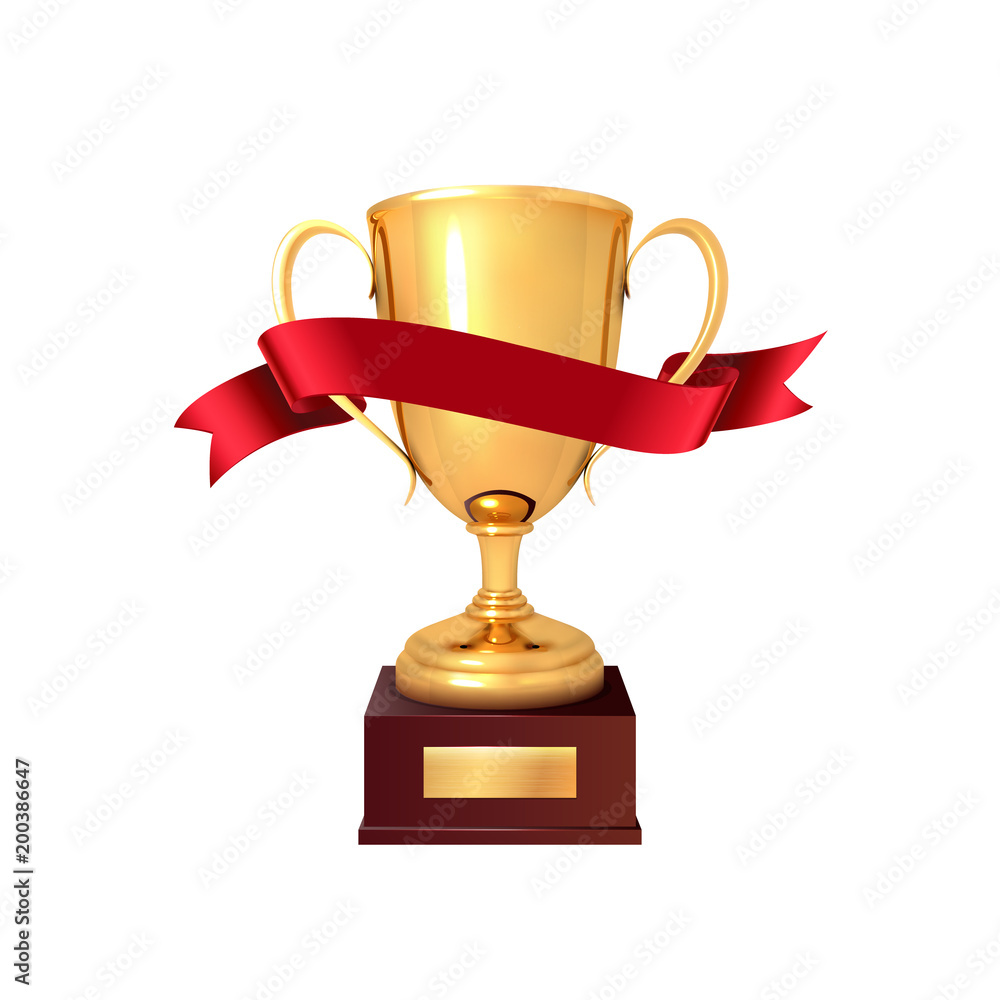 The winner's cup with red ribbon. Realistic gold cup isolated on a white background Vector illustration The winner's cup with red ribbon. Realistic gold cup isolated on a white background Vector illustration
