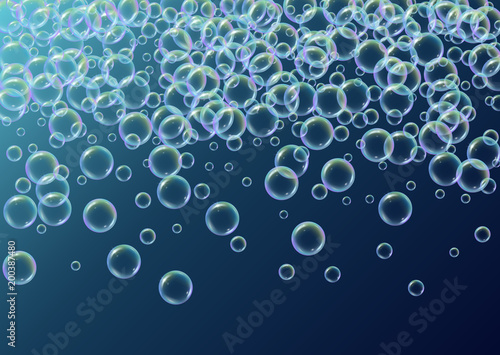 Soap foam on gradient background. Realistic water bubbles 3d. Cool rainbow colored liquid foam with shampoo bubbles. Horizontal cosmetic flyer and invite. Soap foam for bath and shower. Vector EPS10.