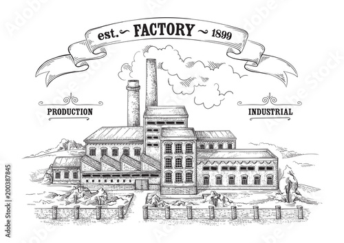 industrial distillery factory hand drawn sketch vector illustration