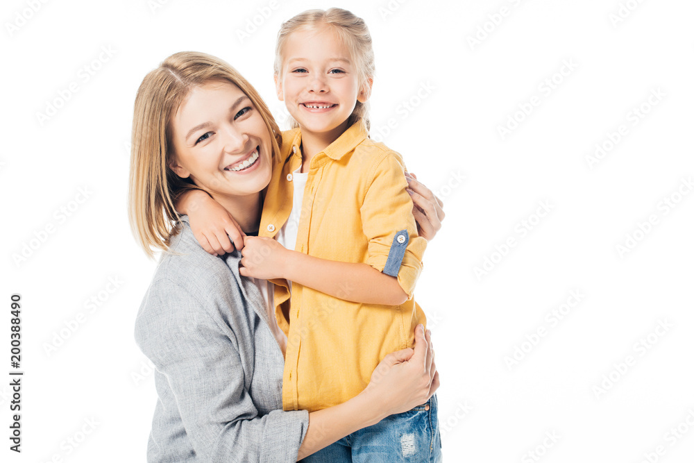 portrait of happy mother and cute daughter looking at camera while hugging each other isolated on white portrait of happy mother and cute daughter looking at camera while hugging each other isolated on white