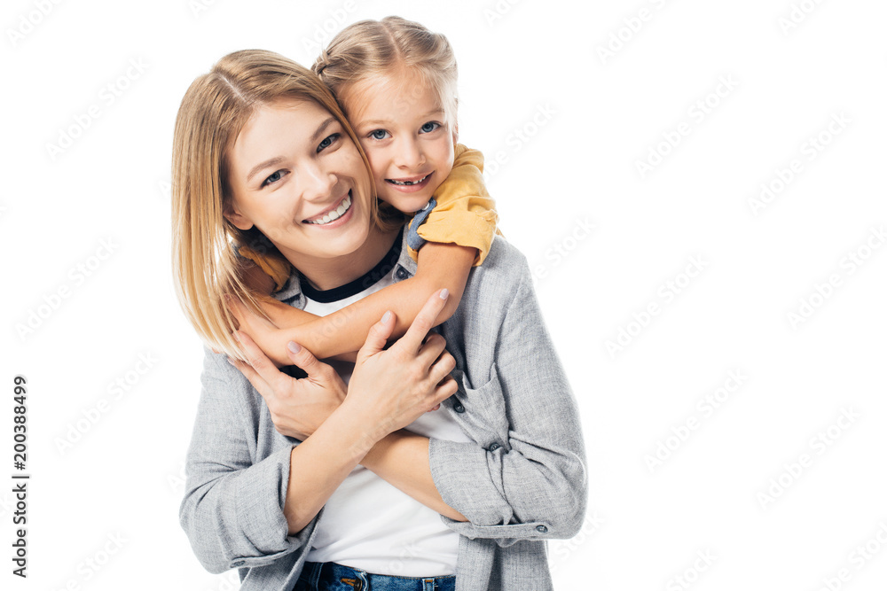 portrait of smiling daughter hugging mother isolated on white portrait of smiling daughter hugging mother isolated on white