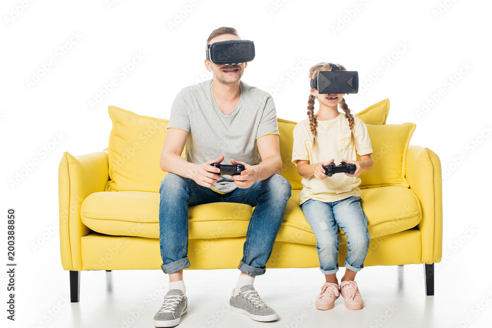family in virtual reality headsets playing video game isolated on white