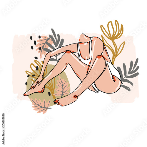 Modern minimalist continuos line female portrait. Trendy abstract illustration. Vector colored art. Woman in swimsuit. Jungle plants. Branding, logo, icon, blog social media feed, card, decor