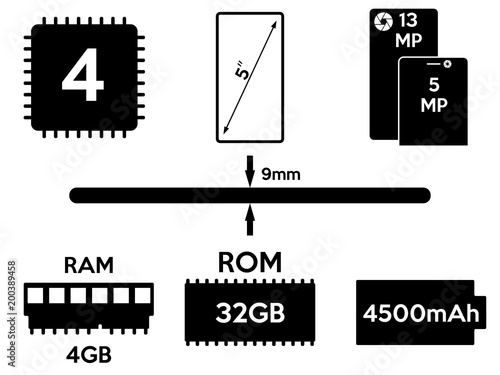 Black icons of smartphone parameters on white background. Information about your phone. Vector illustration.