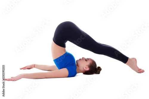 beautiful sporty woman doing stretching exercise isolated on white
