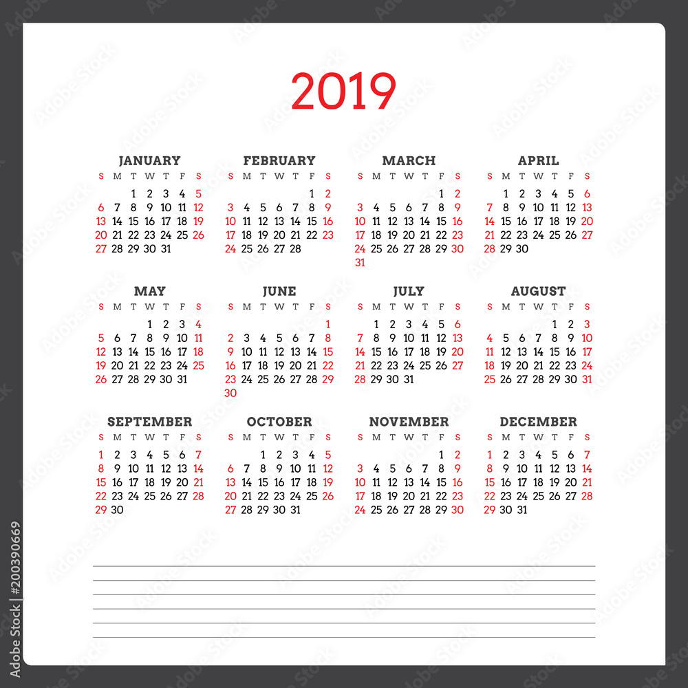 Calendar for 2019 year. Week starts on Sunday. Printable vector stationery design template Calendar for 2019 year. Week starts on Sunday. Printable vector stationery design template