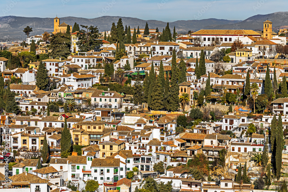 Neighborhood of the Albaicin. View from the Alhambra Watch Tower. Granada, Spain.