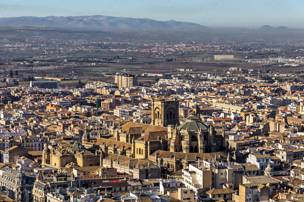 View of the city of Granada and Granada Cathedral from the Alhambra Watch Tower. Granada, Spain.
