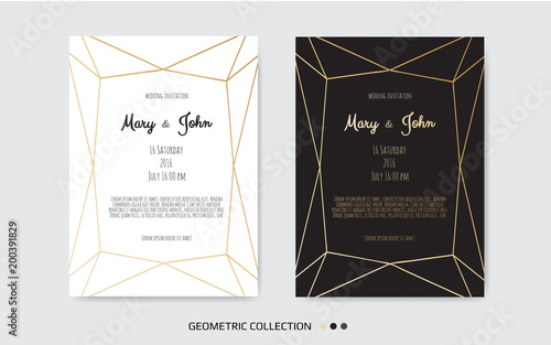 Wedding Invitation, invite card design with Geometrical art lines, gold foil border, frame.