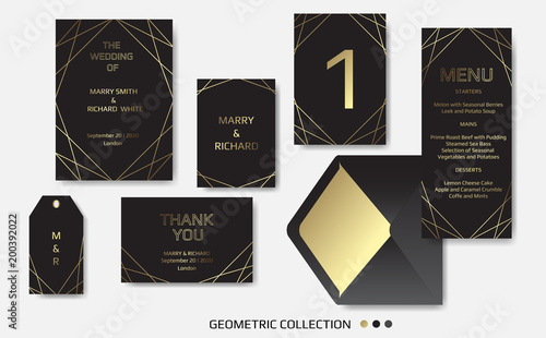 Wedding Invitation, invite card design with Geometrical art lines, gold foil border, frame.