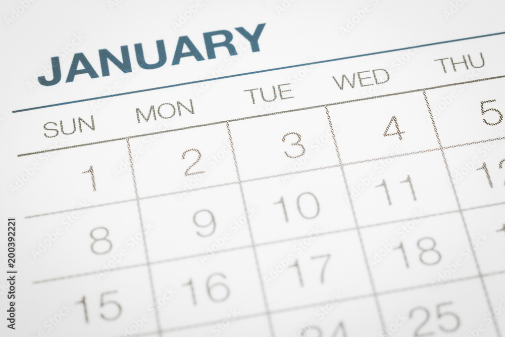 Calendar business planning, dates in January. Calendar business planning, dates in January.