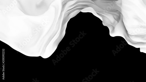 UHD 3D animated transition of the milky white waving cloth flies away revealing the background