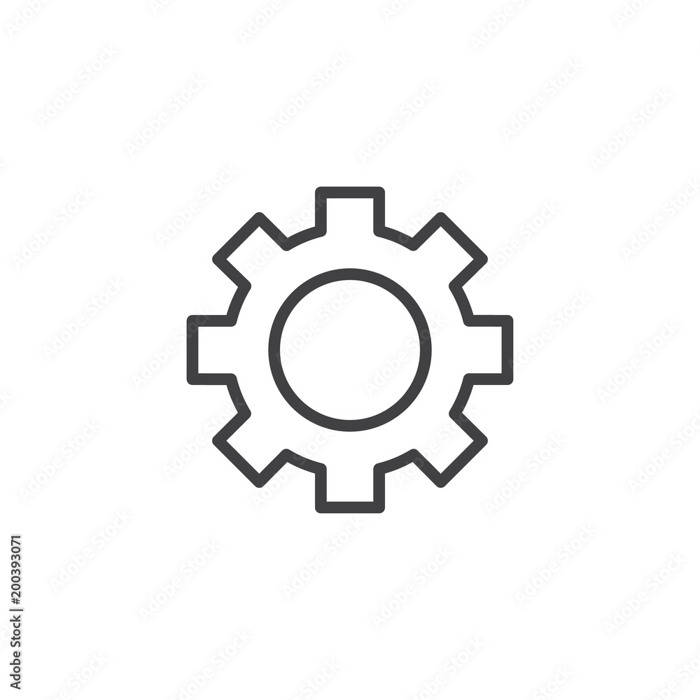 Gearwheel outline icon. linear style sign for mobile concept and web design. Cog wheel simple line vector icon. Setting symbol, logo illustration. Pixel perfect vector graphics