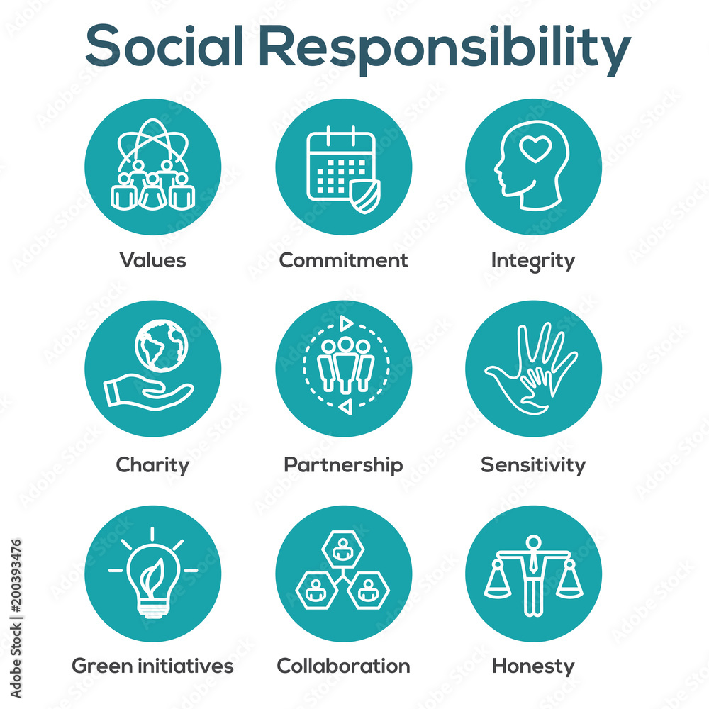 Social Responsibility Outline Icon Set with Honesty, integrity, collaboration, etc Social Responsibility Outline Icon Set with Honesty, integrity, collaboration, etc